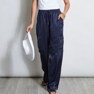 Elie Tahari Satin Cargo Pockets Jagger Pants LARGE High Rise Black Y2K silky